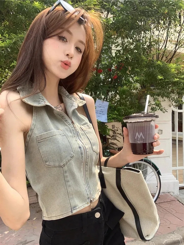 Trendy Girl's Stylish Polo Collar Backless Denim Vest Summer Korean Style Slim Short Halter Neck Camisole Top for Women