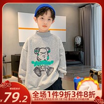 Boy plus velvet sweater 2021 Autumn Winter Children winter base shirt middle and big child Klein blue small high neck sweater