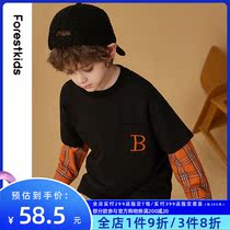Childrens fake two-piece sweater Boys autumn bottoming shirt fashion plaid top Middle and large childrens pullover long-sleeved T-shirt