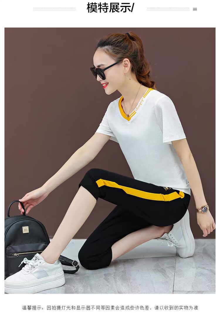 Bộ đồ liền thân nữ mùa hè 2019 mới thời trang Hàn Quốc V-cổ rộng tay ngắn cắt cạp quần thể thao hai dây - Thể thao sau mẫu áo thể thao nữ đẹp