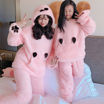 Autumn and winter coral velvet mother and daughter pajamas Childrens cute cartoon parent-child warm flannel hooded home service suit