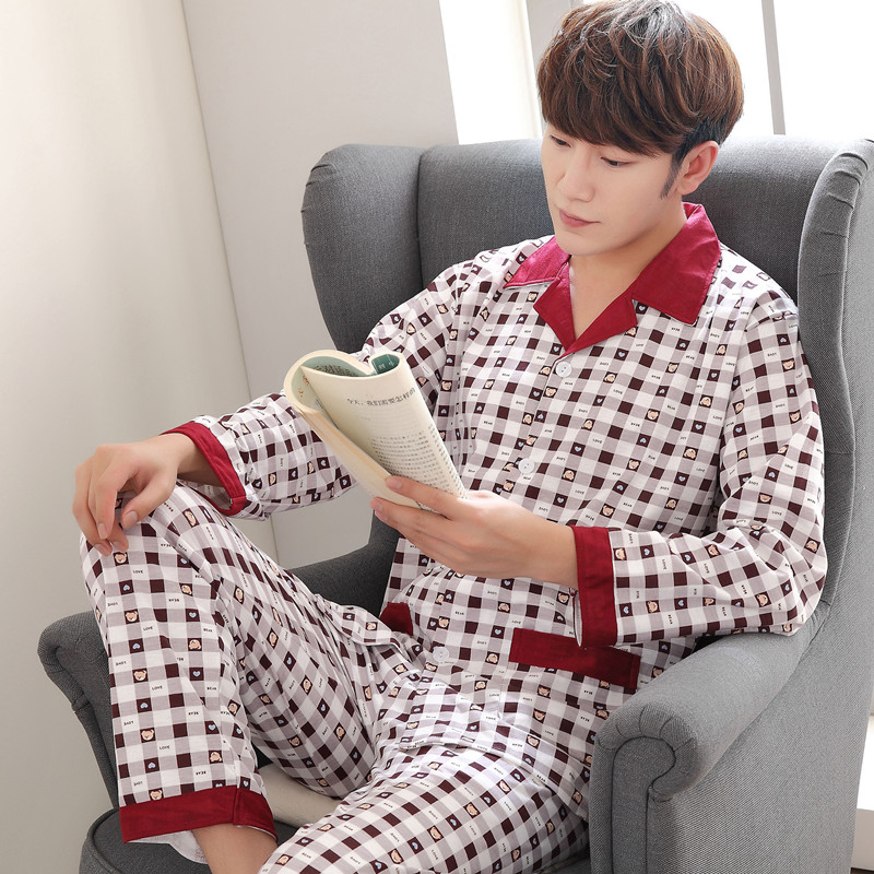 Mens đồ ngủ dài tay áo bông mùa xuân mùa thu cha trẻ trung niên mens cỡ lớn đồng phục nhà cardigan bộ mùa đông.