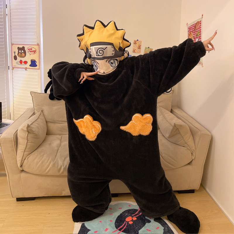 One-Piece Pajamas for Men and Women in Autumn and Winter Thickeneded Coral Plush Anime Cartoon Naruto Funny Couple Home Clothes