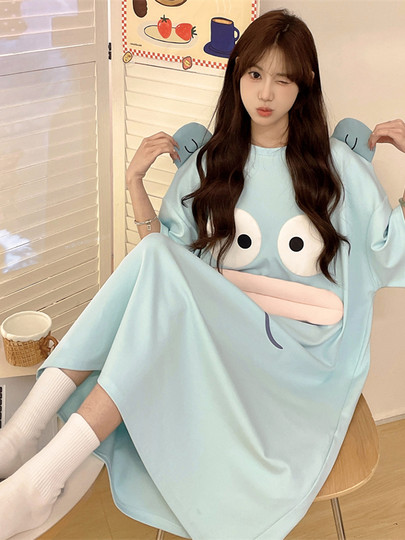 小丑鱼睡裙女夏季长款短袖纯棉加大码胖mm卡通人鱼汉顿睡衣家居裙