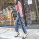 High-waisted straight-leg nine-point jeans for women, retro blue autumn and winter slim and tall design, loose wide-leg pants for small people