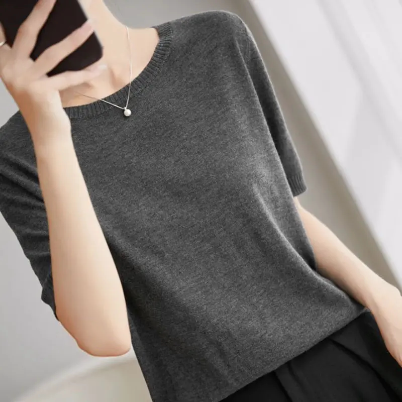 Machine Washable, Fine-Spun Ultra-Fine Water-Soluble Wool, Summer Wool Short-Sleeved Top for Women, Refreshing and Breathable, Loose and Versatile