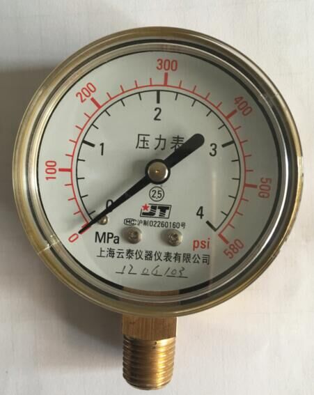上海云泰径向压力表0-4MPa,0-580PSi 双刻度Y60螺纹1/4丙炔压力表