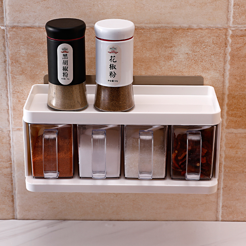 Kitchen salt sugar seasoning box wall-mounted drawer type MSG condiment storage box four-compartment one household free hole