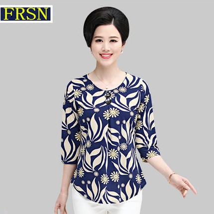 中老年女装夏装中袖上衣服女中年人印花