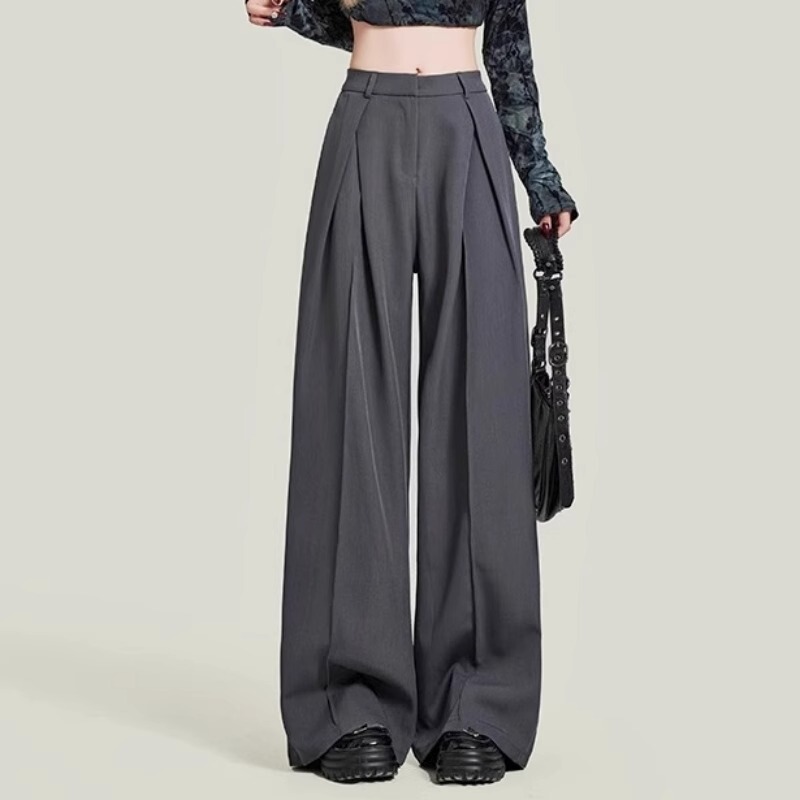 Gray Pleated Wide-Leg Suit Pants for Women, Plus Size, New Style, High-Waisted, Loose, Slimming, Drapey, Floor-Length Casual Pants Gray Pleated Wide-Leg Suit Pants for Women, Plus Size, New Style, High-Waisted, Loose, Slimming, Drapey, Floor-Length Casual Pants