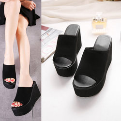 10CM wedge heel super heel high heel waterproof platform ຫນາລຸ່ມສີດໍາຫນັງປາປາກ sandal ພາຍໃນຄວາມສູງເພີ່ມຂຶ້ນຄົນອັບເດດ: slippers ຂອງແມ່ຍິງ