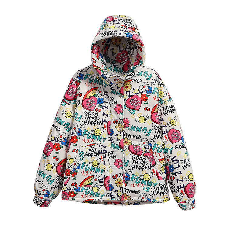 Deflate down jacket 2021 new female short print thickened loose fashion Anti-season clear cabin Lianhood Bread Clothing Tide