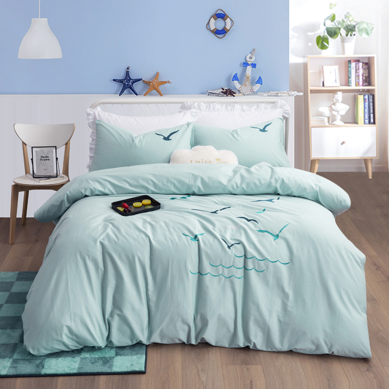 Blue Marine Embroidered Pure Cotton Four Pieces Single Student Embroidered Whole Cotton Quilt Covered Hood 1 2 m 1 5m1 8 Bed