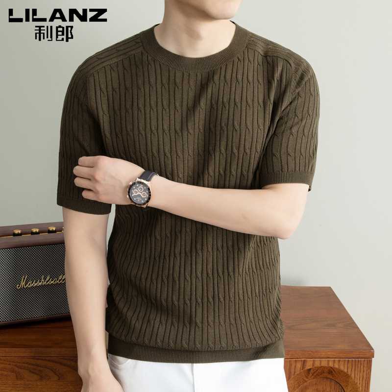 Lilang Men's Striped Crew Neck Short-Sleeve Knit Shirt, New Spring Linen Old Money Style Light Luxury Sweater Base Shirt for Men