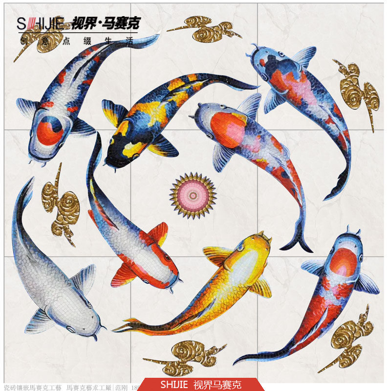 High-end Custom Tile Water Knife Inlay Mosaic Mosaic Puzzle Cut Painting Ground Foyer Art Pattern Set to do Nine Fish Fig.