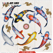 High-end custom ceramic tiles waterjet inlays mosaic puzzles cut paintings ground lobby art patterns custom nine fish drawings