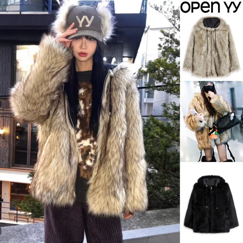 Korean Genuine Openyy Faux Eco-Friendly Fur Hooded Fur Jacket Coat Warm Reversible Fashion Women's