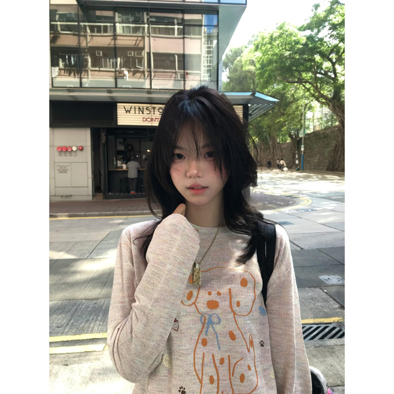 2026 New Style College-Style Korean Dog Print T-Shirt for Women, Sun Protection Cover-Up, Thin Long-Sleeve Versatile Trendy Top
