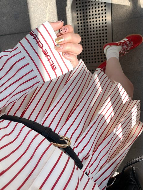 FFBLUE Cherry Pie ອາເມລິກາ retro ສາວຫວານ embroidered striped shirt ວິທະຍາໄລແບບ pleated skirt ແມ່ຍິງສອງສິ້ນຊຸດ