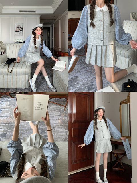 FFBLUE fog grey Riverside 50 wool ຕົ້ນພາກຮຽນ spring ສີຂີ້ເຖົ່າເດັກຍິງ vest ສູງແອວແສງສະຫວ່າງຊຸດ skirt ສີຂີ້ເຖົ່າ