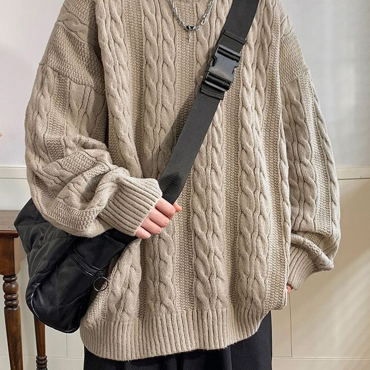 New Retro Autumn and Winter Thick Solid Color Twisted Pattern Pullover Round Neck Sweater, Trendy Casual Lazy Style, Stylish and Warm New Retro Autumn and Winter Thick Solid Color Twisted Pattern Pullover Round Neck Sweater, Trendy Casual Lazy Style, Stylish and Warm