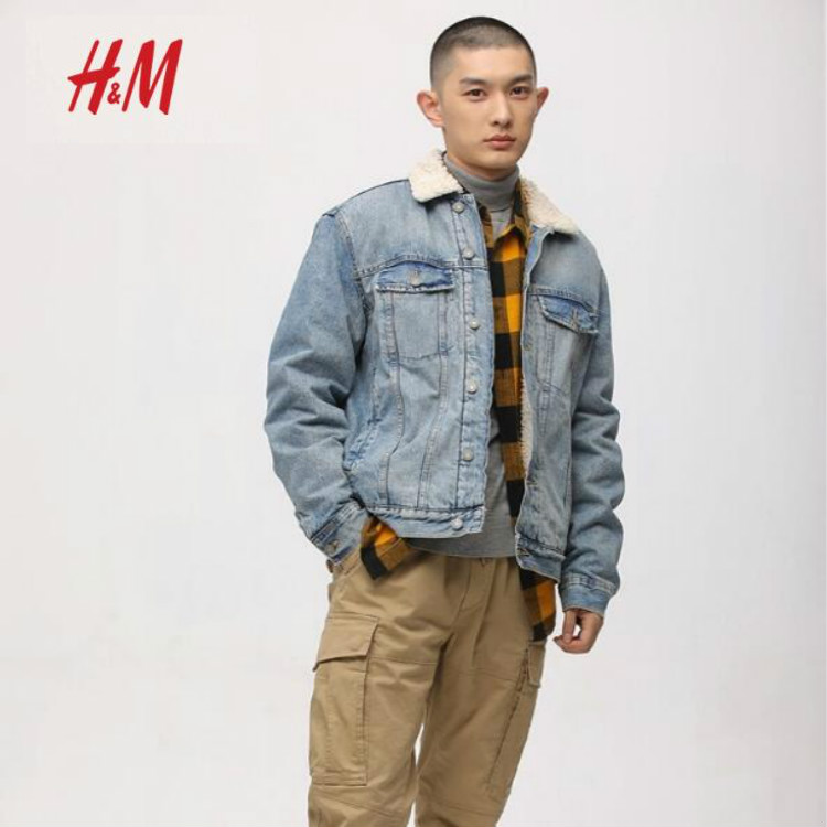 HM官方旗舰店翻毛领拼接牛仔外套-时时淘