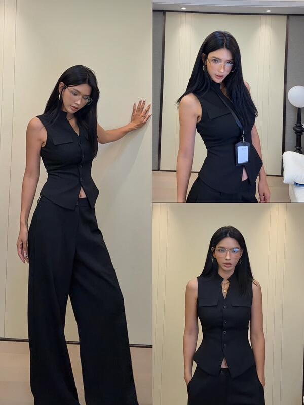 Black Old Money Style ~ Unique Black Old Money Waistcoat and Pants Set for Women, Casual Suit Black Old Money Style ~ Unique Black Old Money Waistcoat and Pants Set for Women, Casual Suit