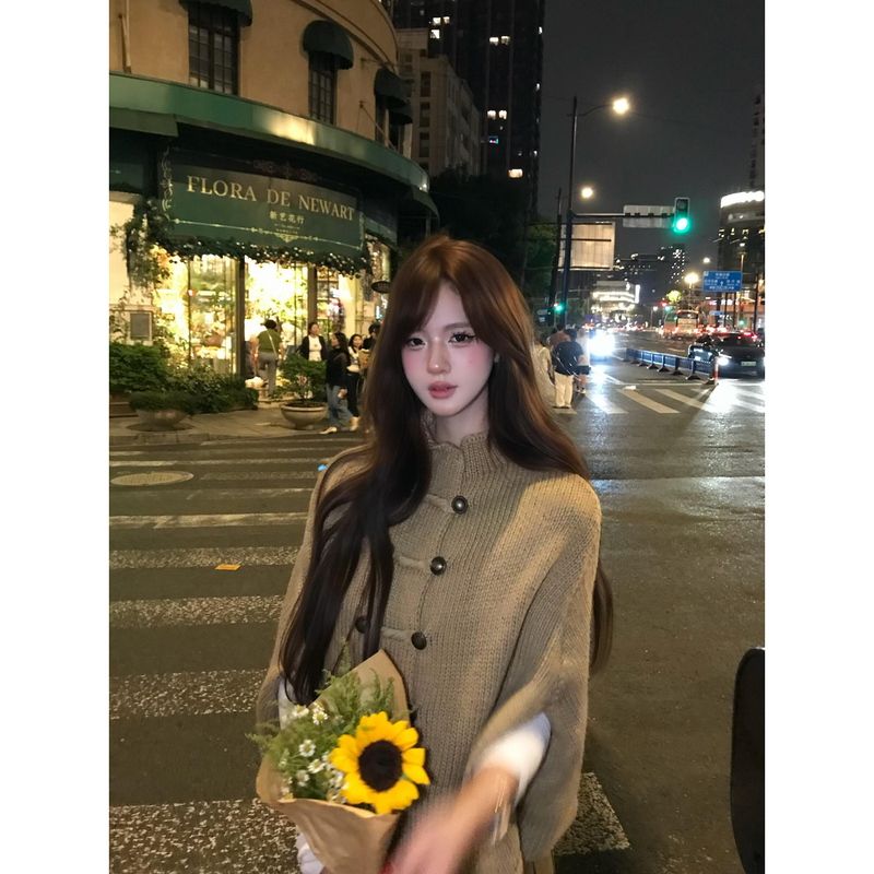 Sweetc/Korean-Style Stand-Collar Cape-Style Sweater Coat for Women, Autumn and Winter Atmosphere-Enhancing Double-Breasted Knitted Shawl Top Sweetc/Korean-Style Stand-Collar Cape-Style Sweater Coat for Women, Autumn and Winter Atmosphere-Enhancing Double-Breasted Knitted Shawl Top