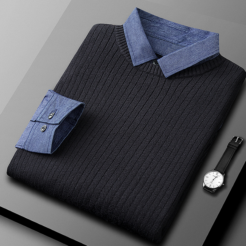 Autumn and Winter Men's Denim Shirt Collar Fake Two-Piece Sweater Men's Knitwear Long-Sleeved Casual Black Fleece-Lined Warm Thick Sweater