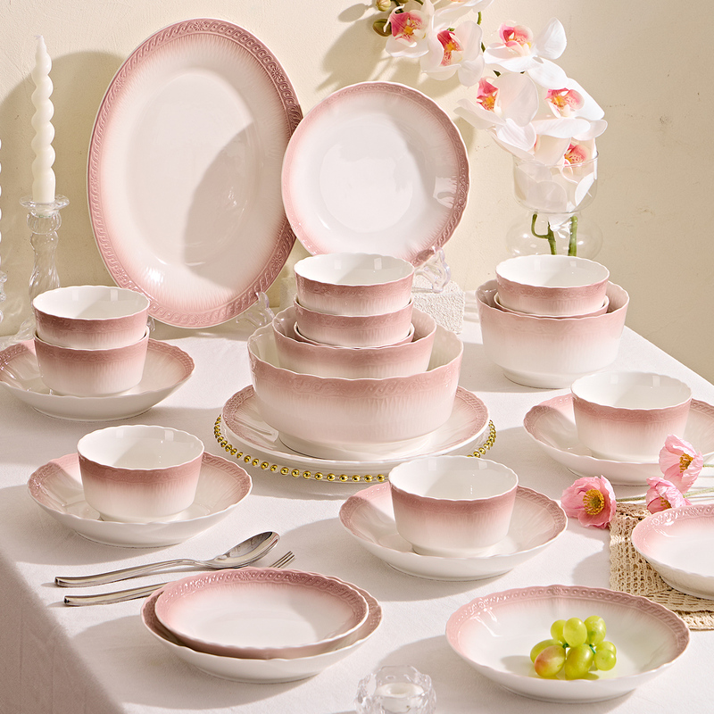 French-Style Bowl and Plate Set for Home Use, 2026 New Model, High Aesthetic Value, Pink, Suitable for Weddings and Housewarming, Bowl and Plate Set