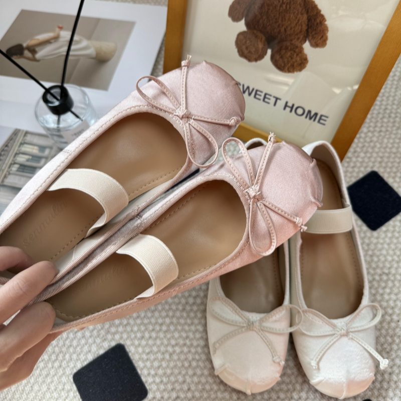 New Style Internal Height-Increasing 4cm Satin Bowknot Single-Strap Shallow Ballet Flats Mary Jane Women's Shoes Fairy Style