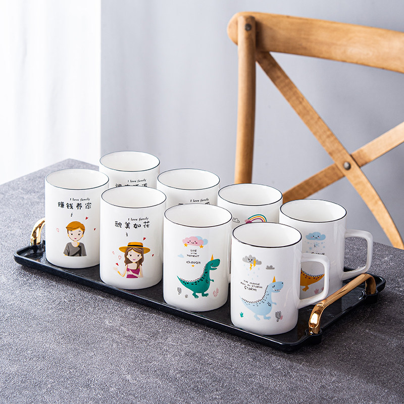 Family 4 cups suit dinosaur children's water glass cover cartoon student ceramic water glass with a tray shelf and spoon