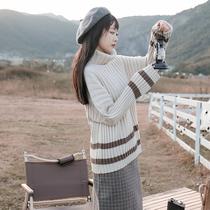 Winter thickened retro gentle style top knit sweater turtleneck loose lazy wind sweater Curry striped sweater women