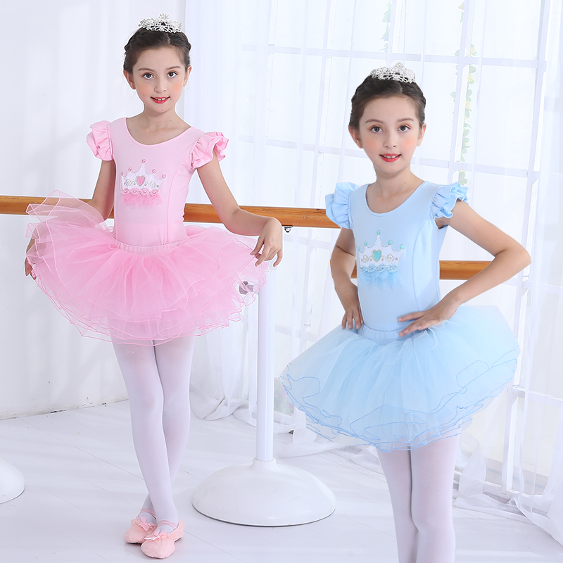 quần áo khiêu vũ mùa hè của trẻ em ngắn tay thực hành cô gái múa ba lê váy cô gái trẻ váy biểu diễn bông.