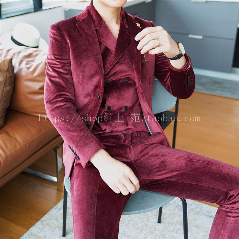 Quạt quý ông 2018 Thu Đông New England Fashion Gold Velvet Fabric Men Hàn Quốc Slim Cuba Cổ áo phù hợp quần đũi nam