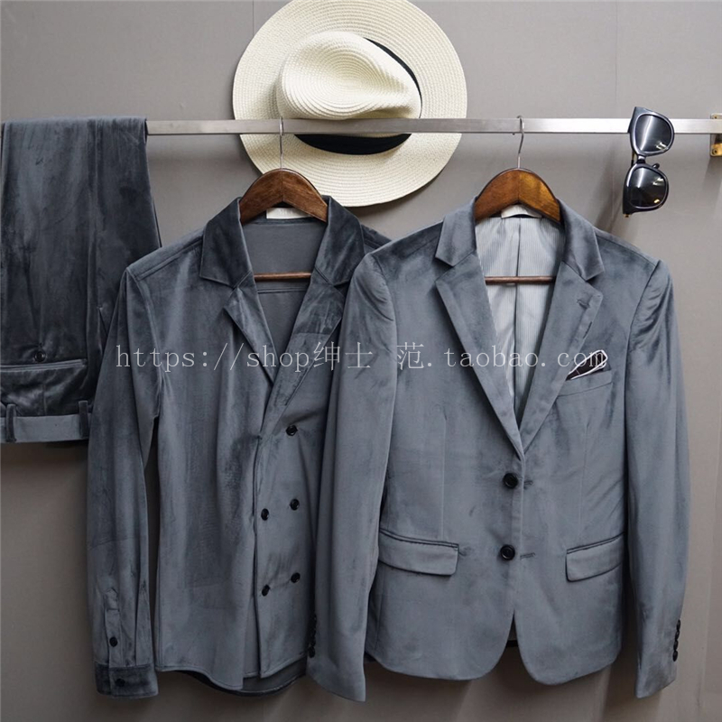 Quạt quý ông 2018 Thu Đông New England Fashion Gold Velvet Fabric Men Hàn Quốc Slim Cuba Cổ áo phù hợp quần đũi nam