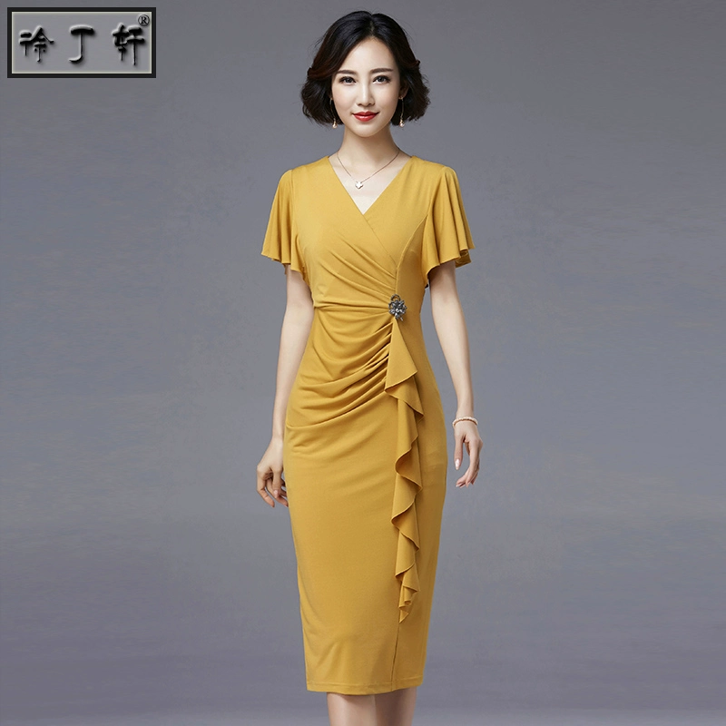 2020 phụ nữ mới khí chất màu vàng giữa túi dài hông che bụng thon gọn phụ nữ trung niên mùa hè - Váy eo cao