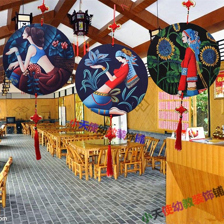 Kindergarten Chinese style hanging decoration wooden color printing ring creation ethnic customs character classroom decoration leisure farm hanging decoration