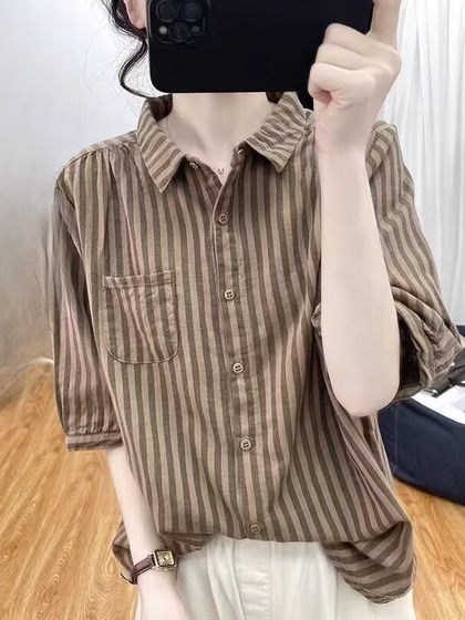 文艺复古宽松纯棉短袖衬衫女夏季时尚减龄polo领条纹五分袖上衣潮