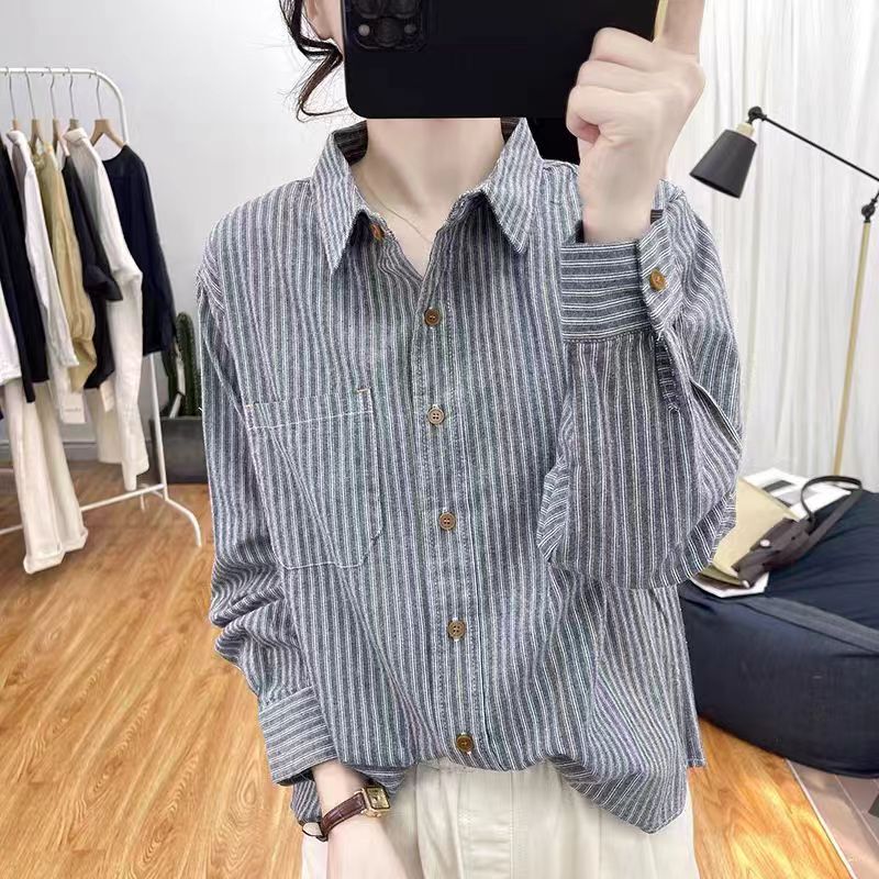 Brand Discount Fashion Cotton and Linen Striped Long-Sleeve Shirt for Women, Stylish Loose-Fitting Versatile Casual Shirt with Polo Collar Top Brand Discount Fashion Cotton and Linen Striped Long-Sleeve Shirt for Women, Stylish Loose-Fitting Versatile Casual Shirt with Polo Collar Top