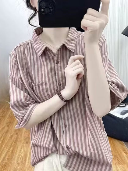 文艺复古宽松纯棉短袖衬衫女夏季时尚减龄polo领条纹五分袖上衣潮