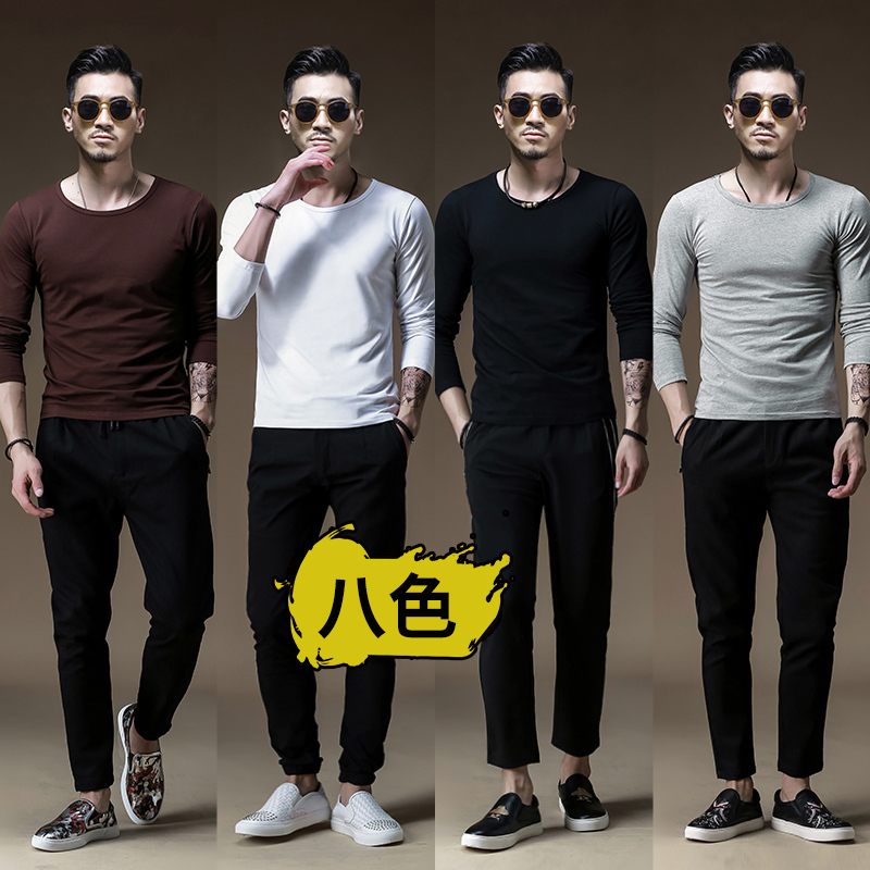 2 Pieces】Long-Sleeved T-Shirt for Men, Autumn and Winter Tops, Solid Color Trendy Korean Style Round Neck Clothing, Autumn Shirt, Men's Base Layer Shirt