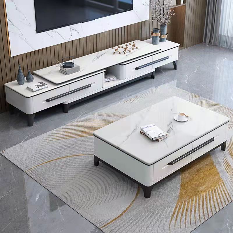 Nordic style rock slab coffee table TV cabinet combination home small apartment living room white retractable new TV cabinet