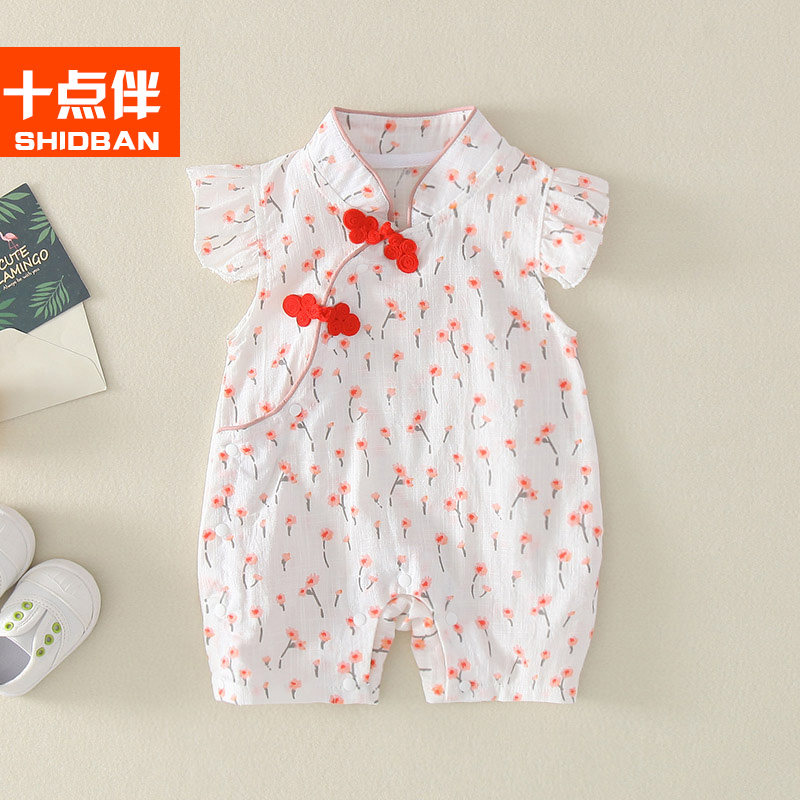 Internet celebrity baby summer clothes short-sleeved thin 1-3 months baby girl climbing clothes 6 princesses Chinese style jumpsuit cheongsam