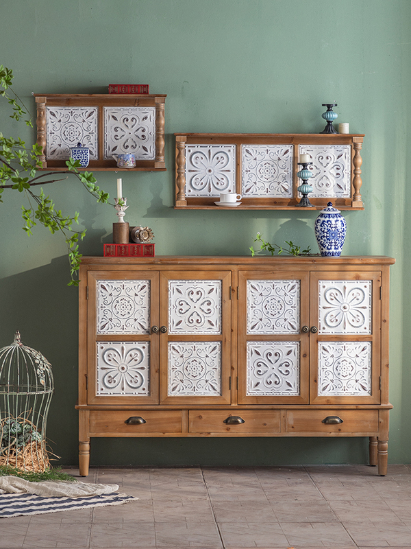 American Country-Style Vintage Distressed Entryway Cabinet, Decorative Solid Wood Storage Cabinet, French Bohemian Cabinet American Country-Style Vintage Distressed Entryway Cabinet, Decorative Solid Wood Storage Cabinet, French Bohemian Cabinet