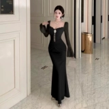 Дизайнерское кружевное сексуальное платье, длинная длинная юбка, тренд сезона, квадратный вырез, крой «рыбий хвост», длина макси