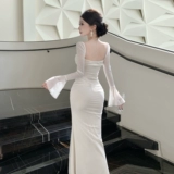 Дизайнерское кружевное сексуальное платье, длинная длинная юбка, тренд сезона, квадратный вырез, крой «рыбий хвост», длина макси