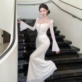 Дизайнерское кружевное сексуальное платье, длинная длинная юбка, тренд сезона, квадратный вырез, крой «рыбий хвост», длина макси