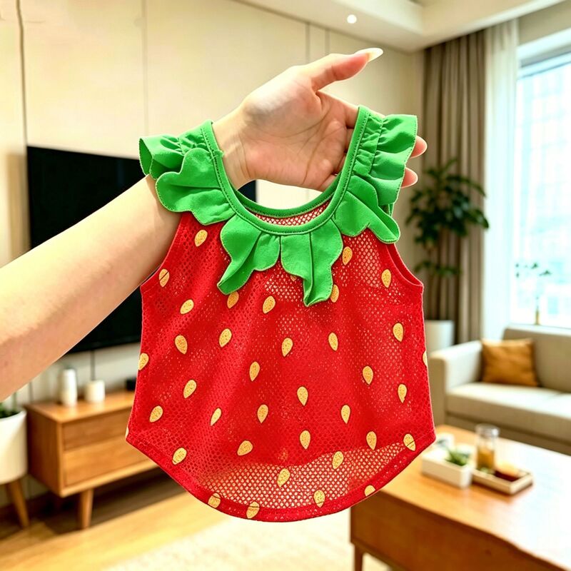 Dog Cooling Vest with Red Strawberry Design, Gold Dots, Mesh Ruffles, Vest for Cats, Corgis, Small and Medium-Sized Dogs, Spring and Summer