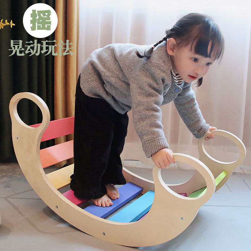 Wooden children's multi-functional rainbow rocking chair climbing interactive can train kindergarten early education puzzle toys